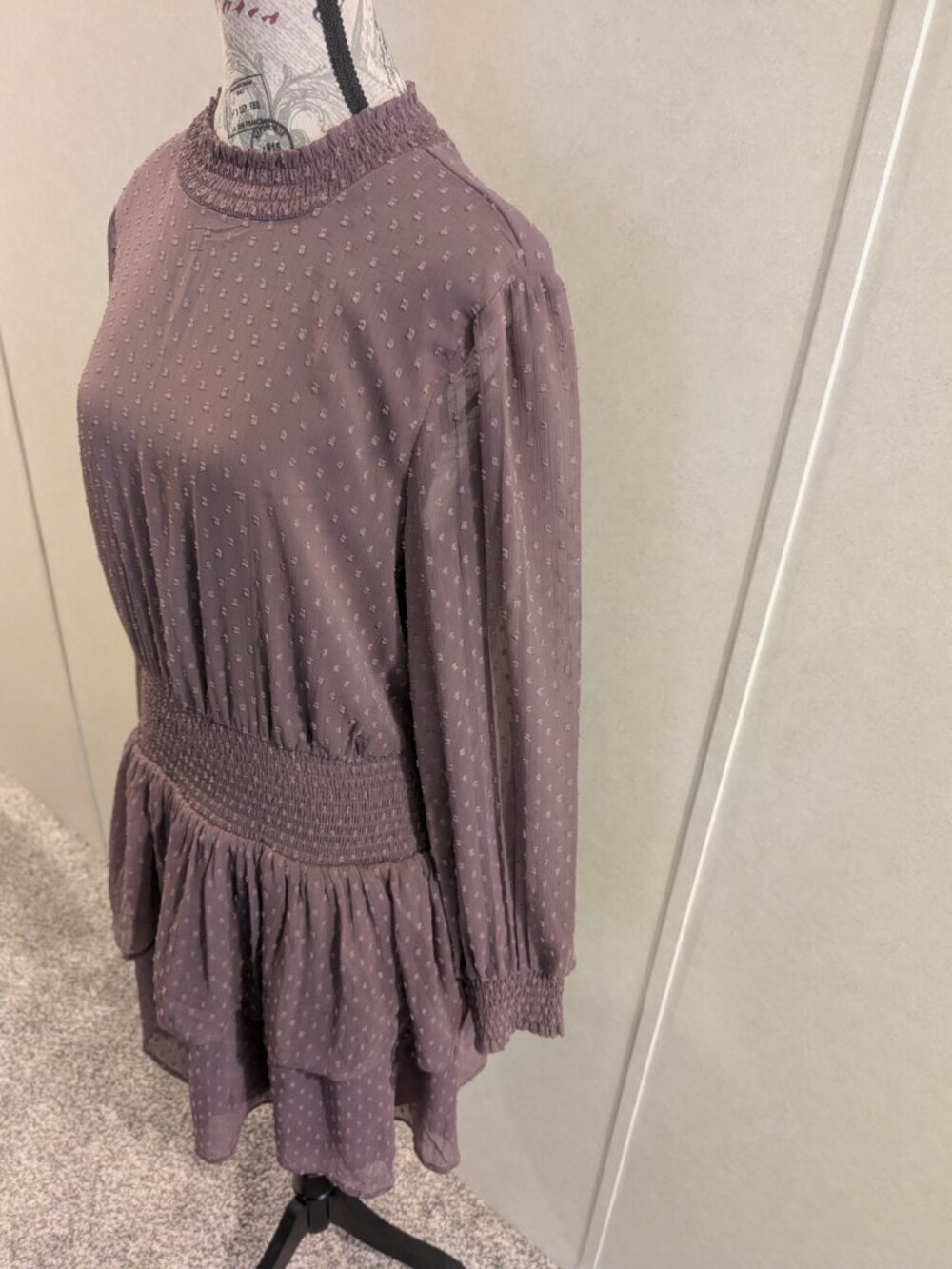American Eagle Mauve Swiss Dot Smocked Tiered Mini Dress Women Large Boho - Picture 3 of 7